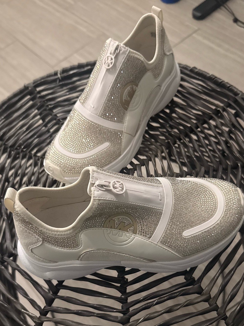Michael Kors Crystal-Embellished Slip-On Sneakers in Gold and White